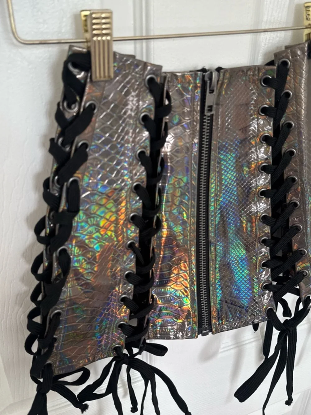 PRIDE Rainbow Holographic Lace-Up Corset Mini Skirt - Silver - Picture 4 of 9